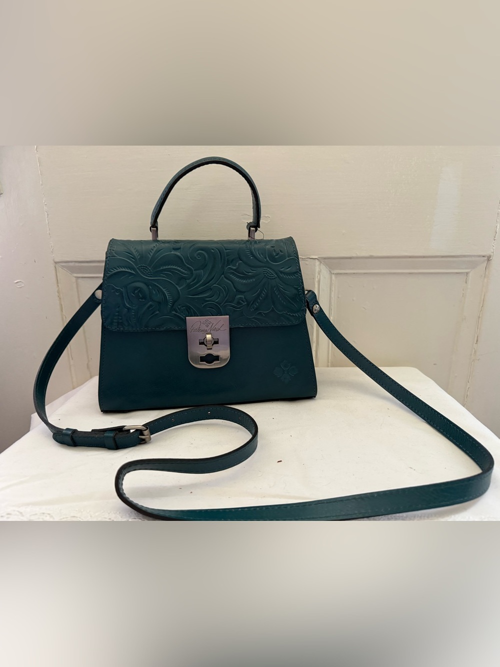 Patricia Nash Teal Embossed Top-Handle Satchel with Crossbody Strap
